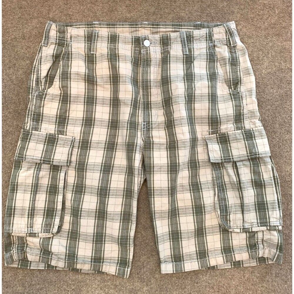 Levis Shorts Mens 36 Cargo Plaid Green Cotton Hike Camp Outdoor Relaxed Casual